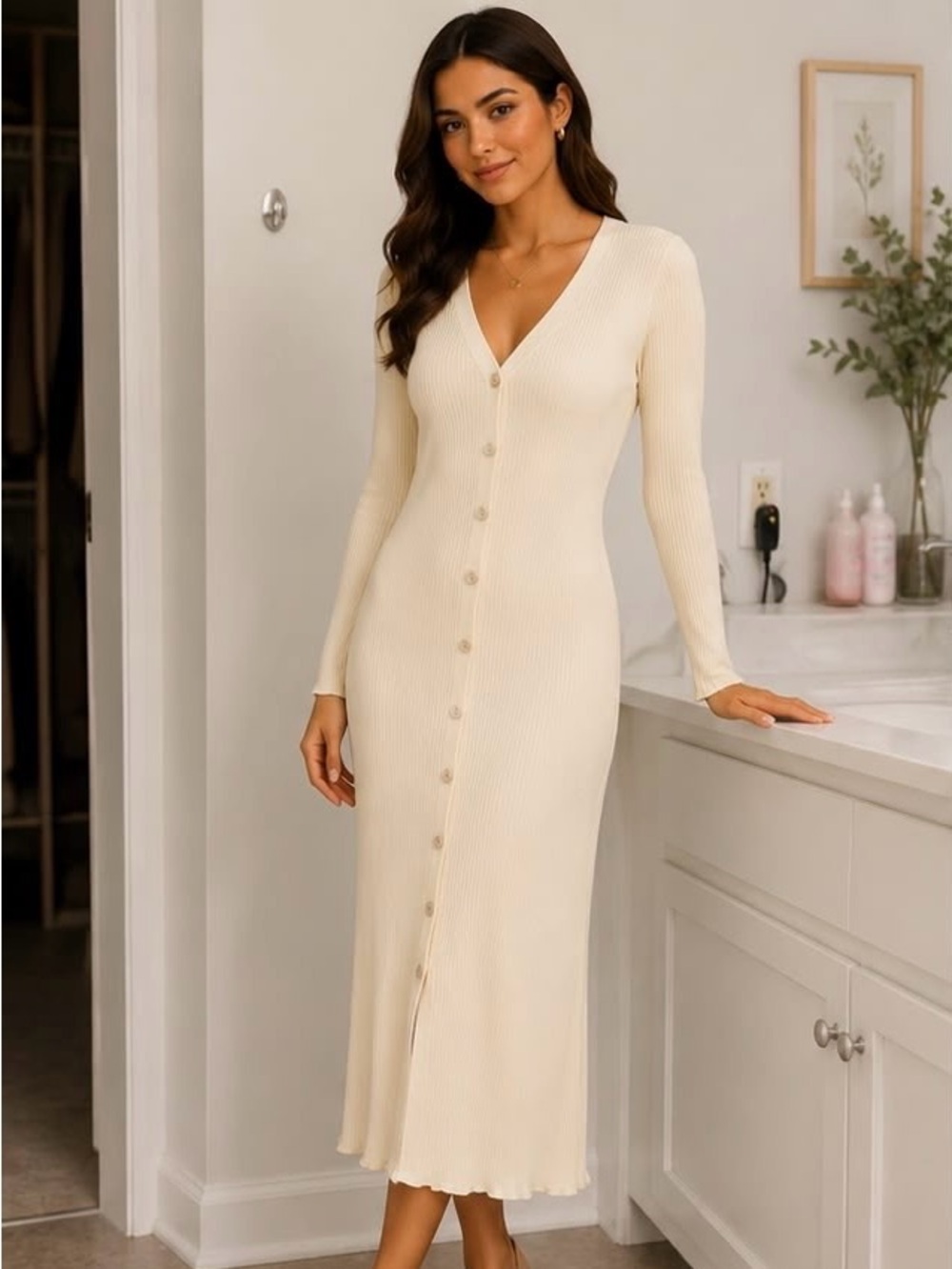 Women’s Ribbed Button-Front knit maxi dress